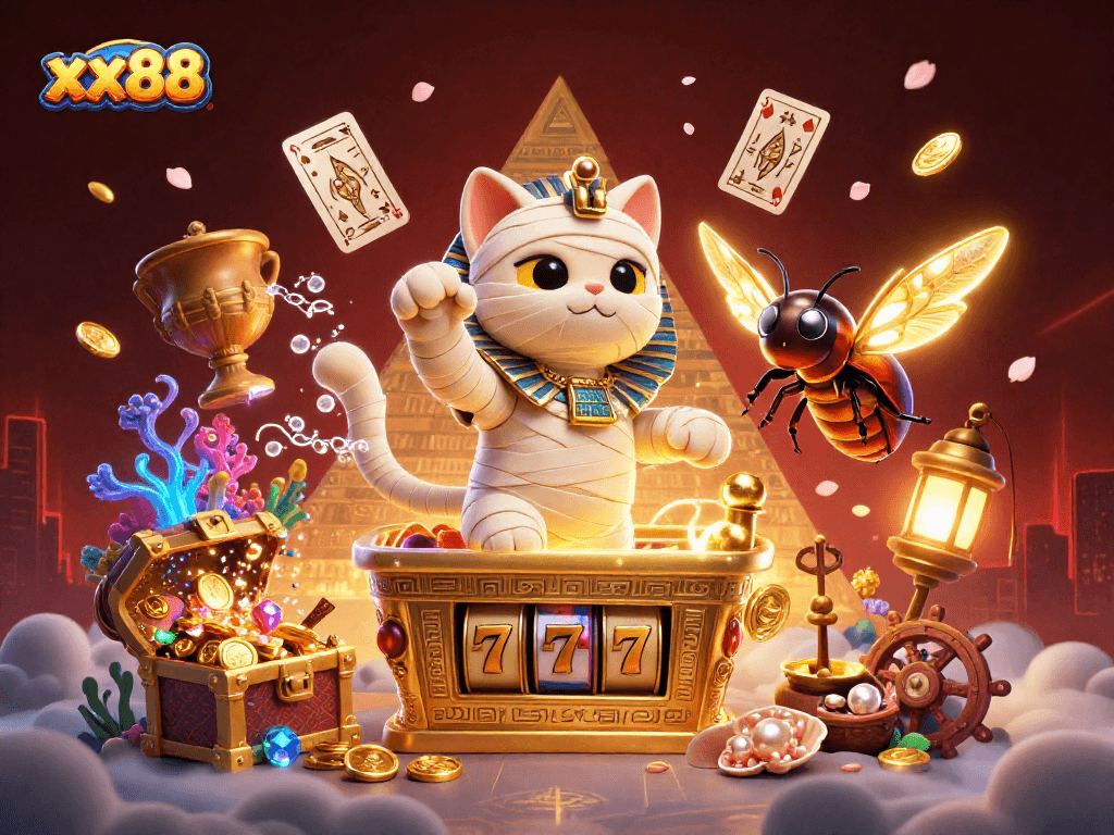 Experience the excitement of xx88 with a vibrant scene featuring a mummy cat and casino elements.