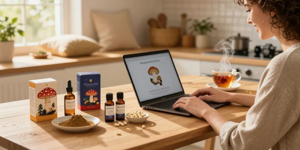 Shoppen Sie Fliegenpilz Kaufen-Produkte wie Pulver und Kapseln in einem gemütlichen Zuhause.