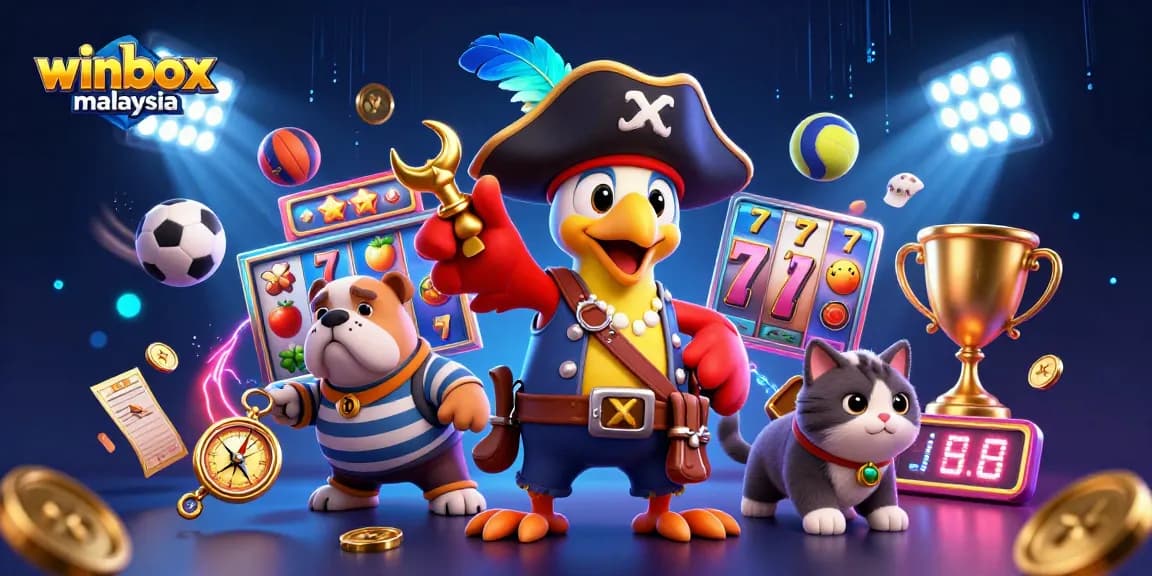 Winbox Malaysia showcases thrilling slots action with vibrant characters and dynamic game elements.