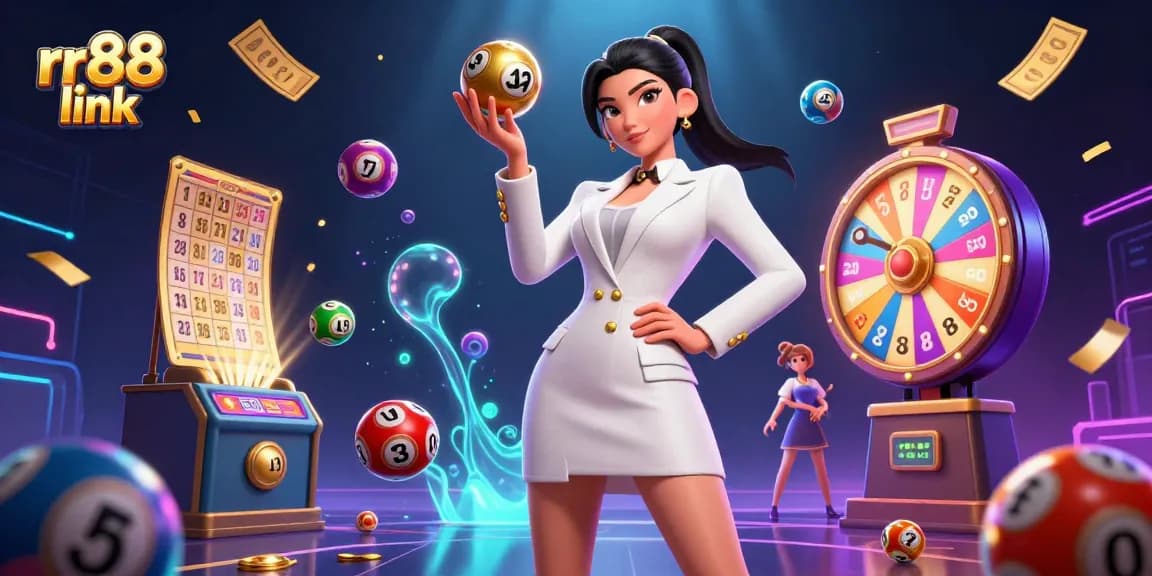 Engage with the thrilling excitement of the rr88 link, showcasing a gorgeous woman in a luxurious casino environment.