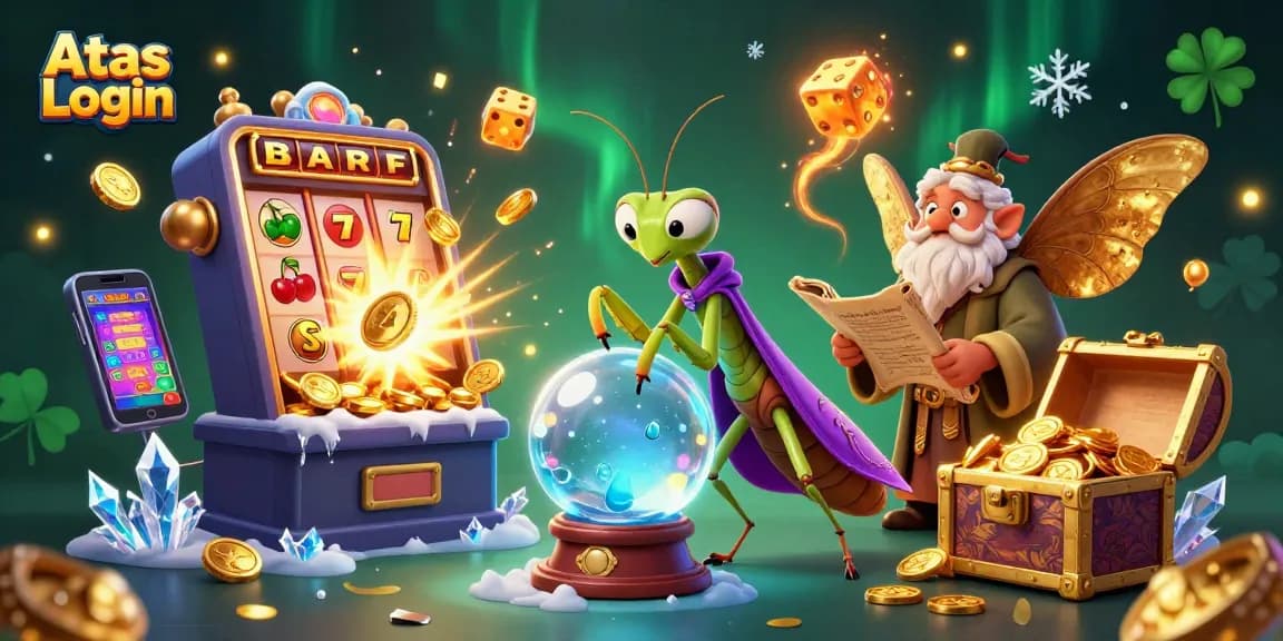 Engage with dynamic Atas Login scene, featuring casino excitement with characters, games, and treasures.