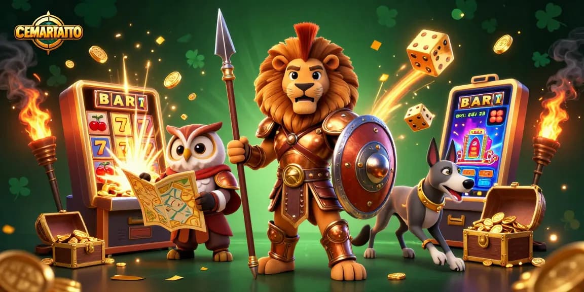CEMARATOTO offers a thrilling gaming experience with a jackpot explosion featuring a Spartan lion and slot machines.