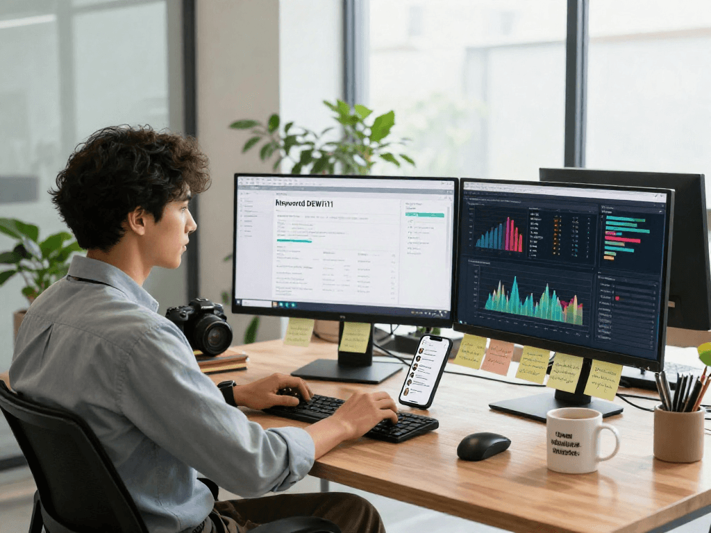 Marketing strategist analyzing DEWI111 campaign performance in a bright, modern workspace.