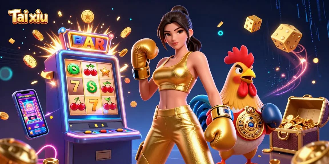 Experience Tài xỉu thrills with dynamic visuals of a powerful athlete and championship rooster in 3D casino art.