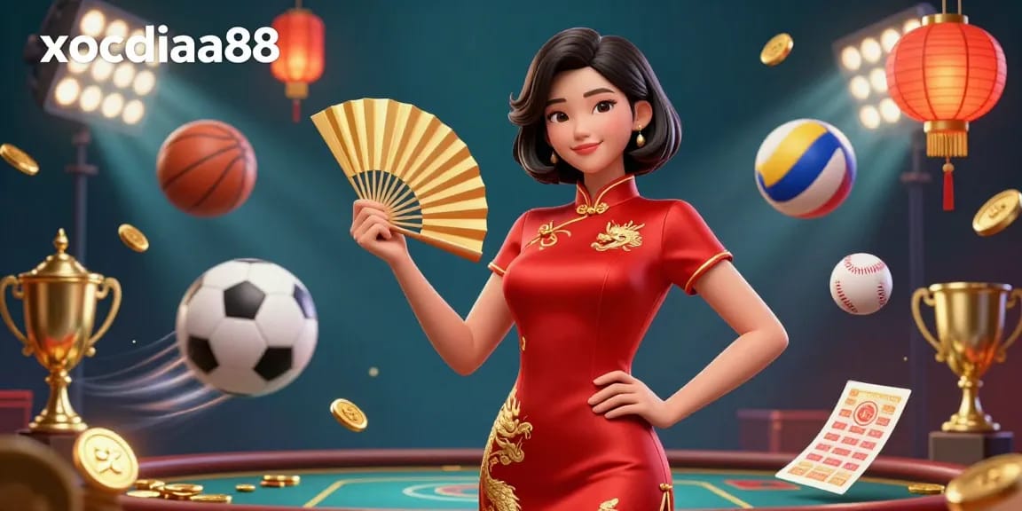 Experience exciting online gaming with xocdiaa88, featuring a confident woman amidst dynamic gambling elements and vibrant colors.