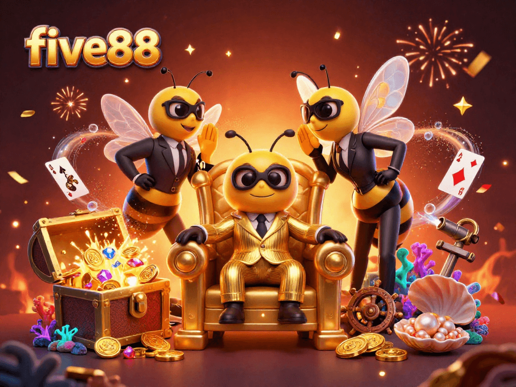 Experience excitement with five88's dynamic gaming scene featuring a bumblebee mob boss and vibrant casino elements.