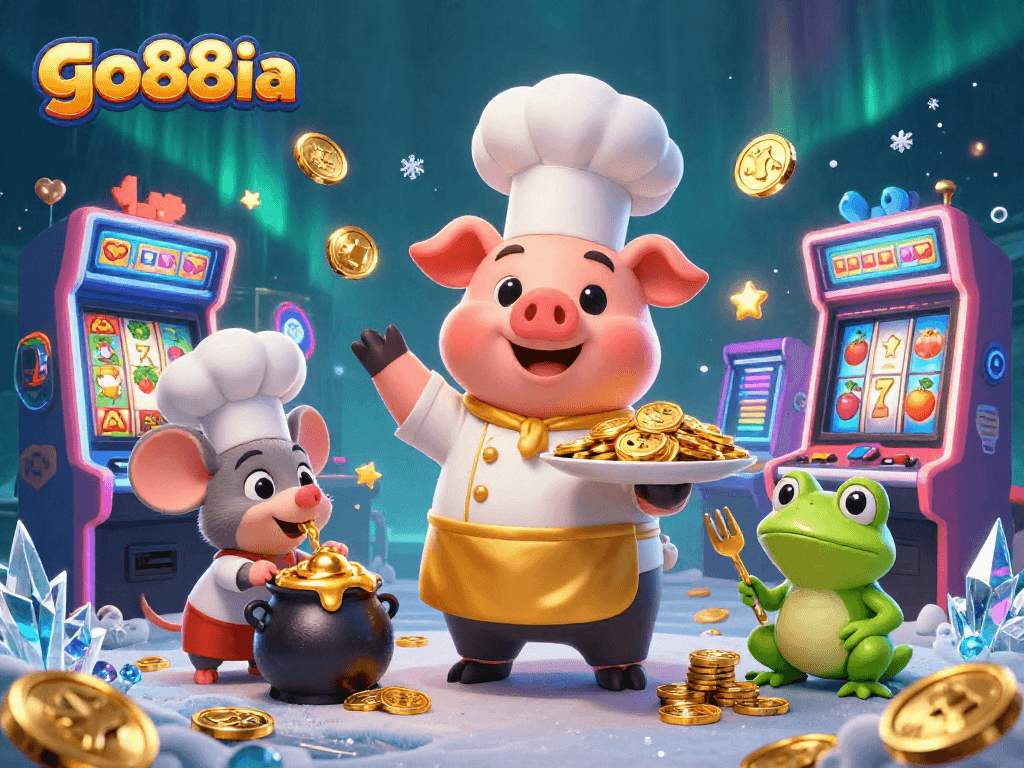 Spin the reels and win gold with go88ia's vibrant cartoon casino illustration!