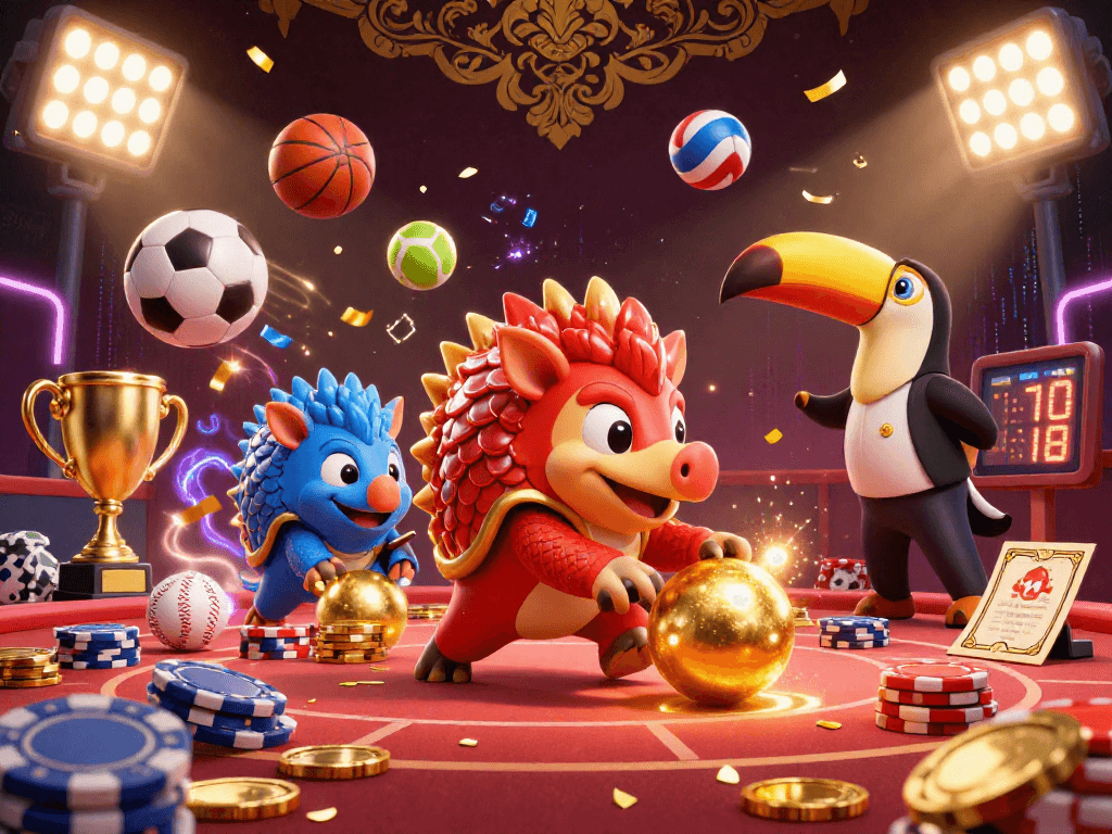 Experience thrilling gameplay at red88sa with rival pangolins bowling through poker chips in a vibrant casino scene.