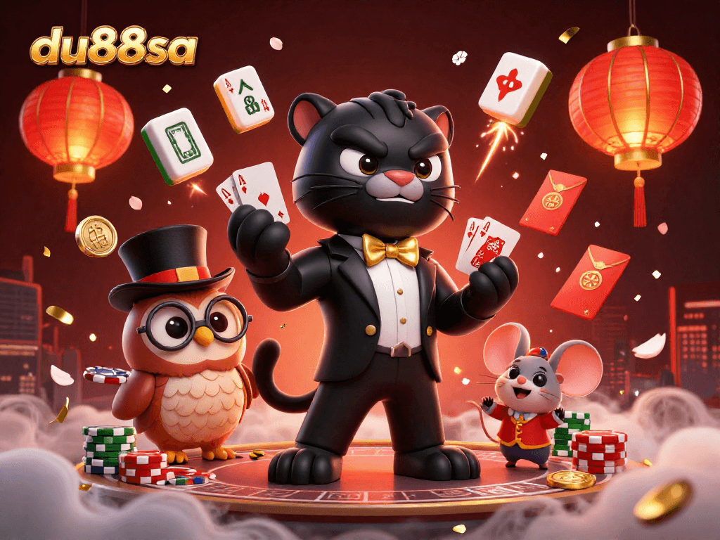 Engage with du88sa's vibrant casino scene featuring a panther dealer, an owl, and a mouse amidst exciting gaming elements.