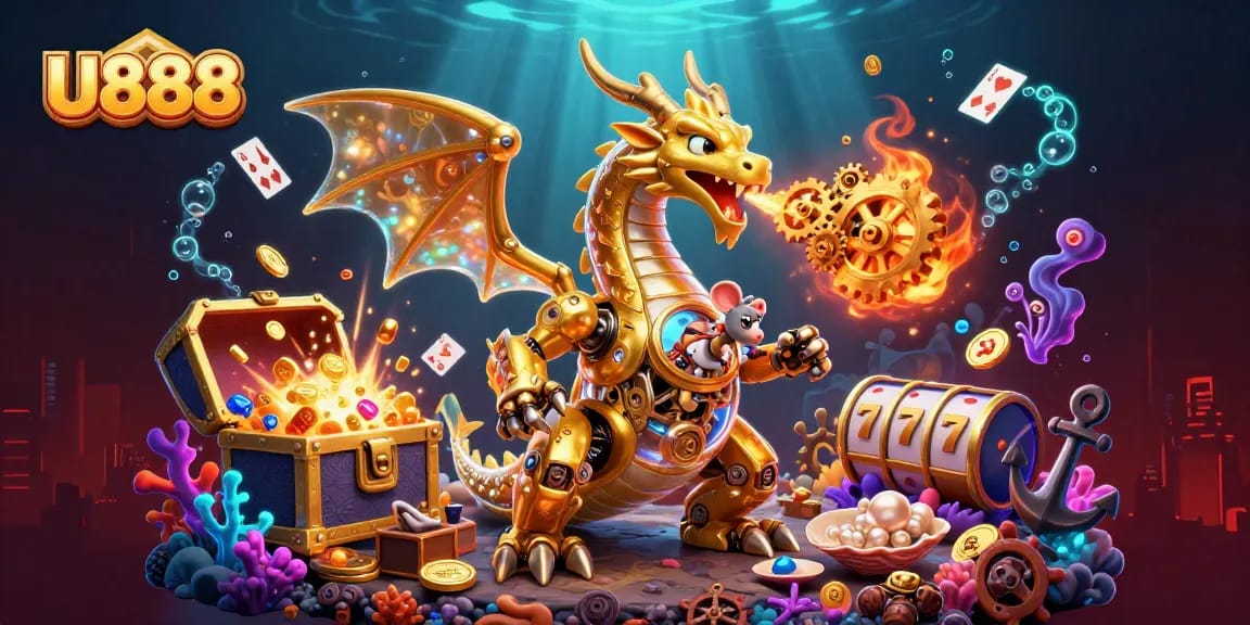 Experience the excitement of U888 with a golden dragon unleashing treasures in this vibrant casino scene.