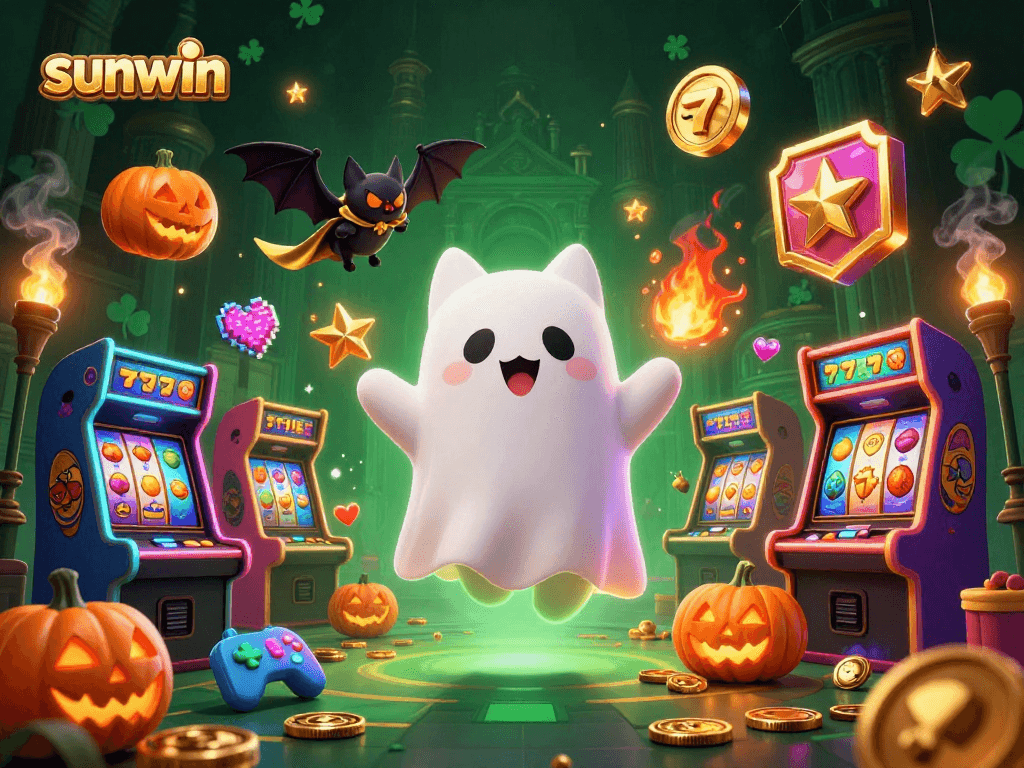 Engage in slots at sunwin featuring a ghost cat and vampire bat in a haunted casino scene.