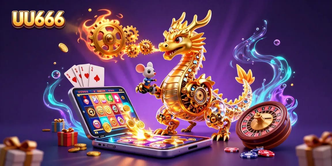 Experience the excitement of UU666 with a golden dragon amidst rich casino elements, symbolizing adventure.