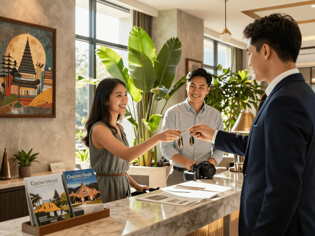 rokok88 Carter Hotel luxury lobby ambiance with welcoming staff and modern decor