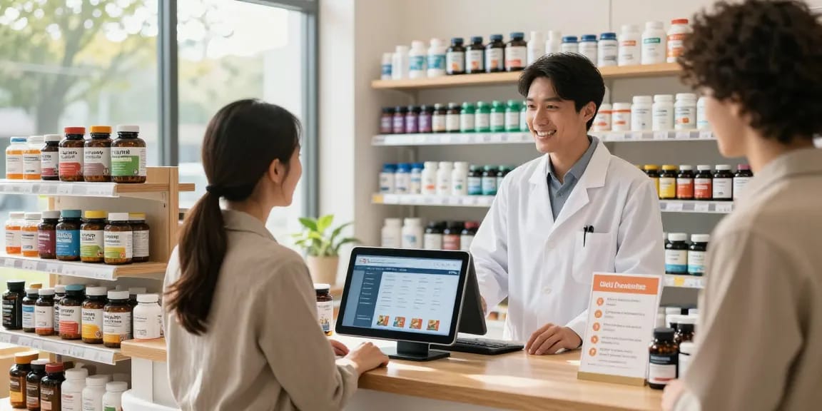 Medi Pharma Shop, der eine einladende E-Commerce-Apotheke mit Wellnessprodukten und aufmerksamem Service zeigt.