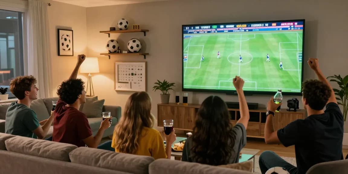 Gruppe von Freunden, die Fußballwetten online während eines Live-Spiels auf dem großen Bildschirm feiern, gemütliches Wohnzimmer.