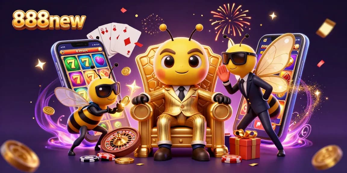 Engage with 888new's vibrant casino scene featuring a mob boss bee, dynamic gaming elements, and festive effects.