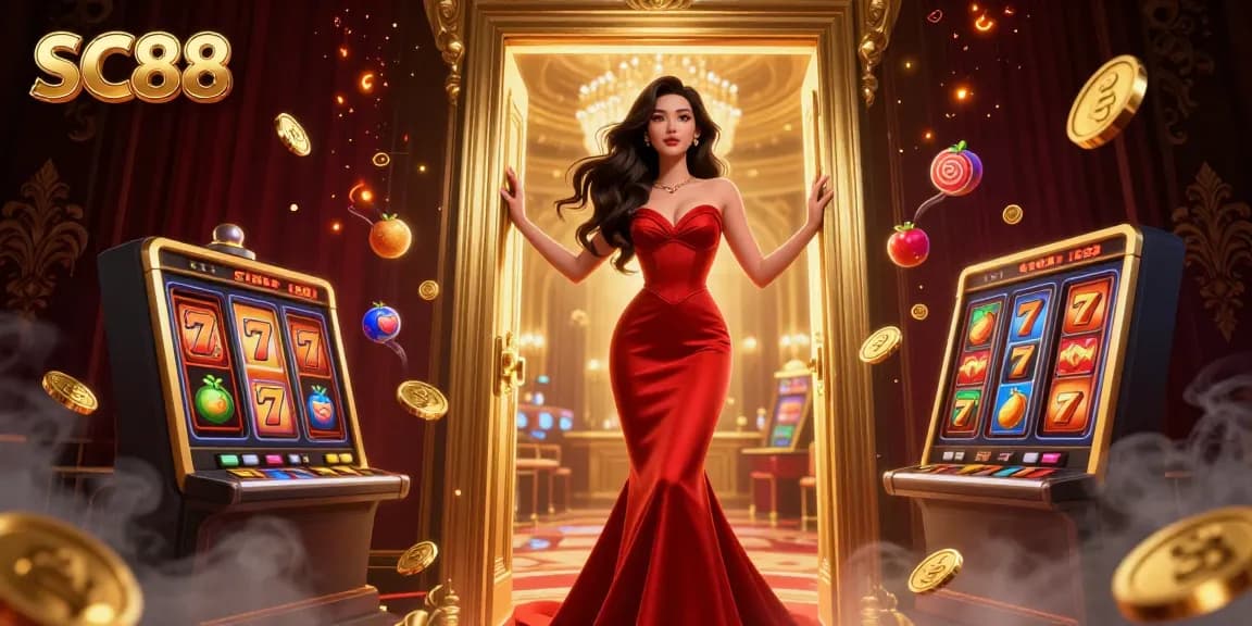 Engage in thrilling gameplay at SC88, featuring a stunning casino entrance and dynamic slot elements.
