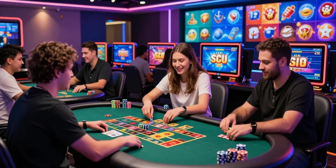 Engaged players at https://b52a.jp.net/ enjoying diverse online casino games in a vibrant digital environment.