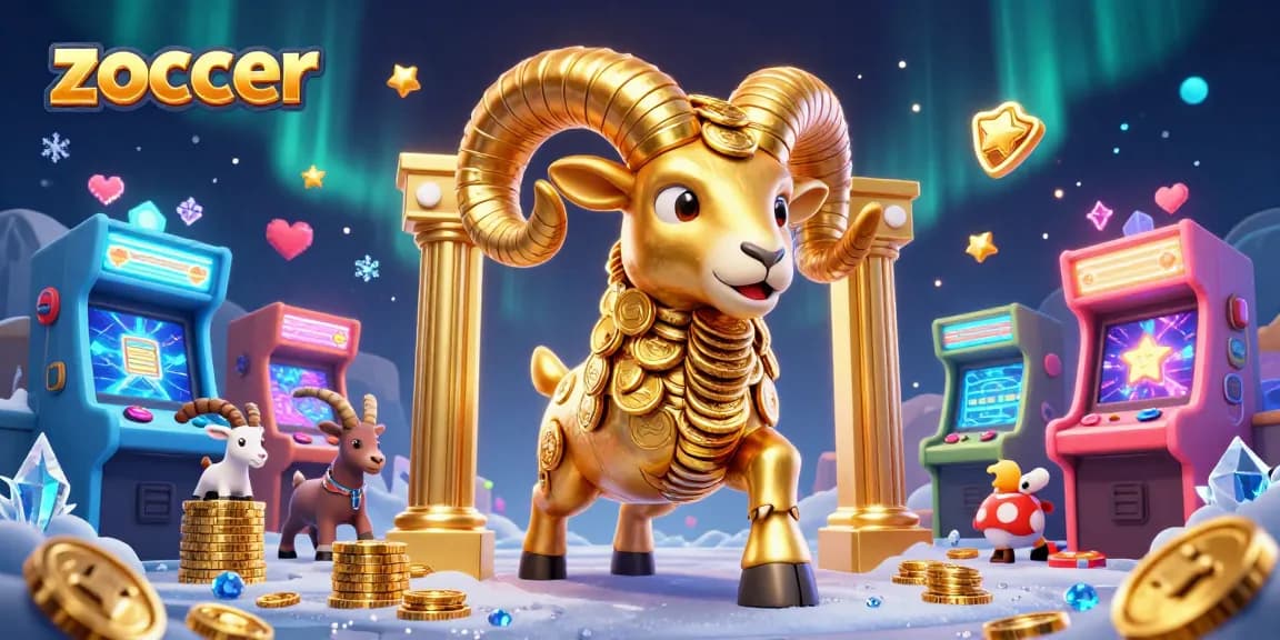 Zoccer-themed 3D illustration with a golden ram charging through casino elements, showcasing vibrant gaming atmosphere.