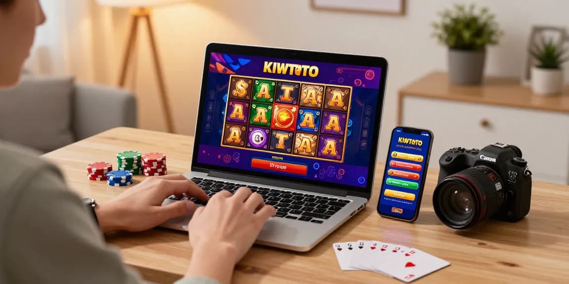 Pengguna kiwtoto terlibat dalam permainan slot online dengan laptop dan smartphone di meja yang dihiasi dengan chip kasino.