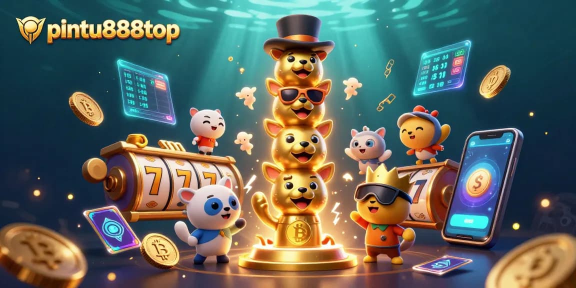 Engage with pintu888top as colorful slot reels spin with festive totem pole characters and glowing crypto coins.
