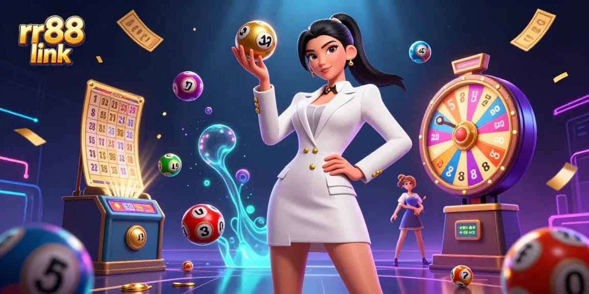 Engage with the thrilling excitement of the rr88 link, showcasing a gorgeous woman in a luxurious casino environment.