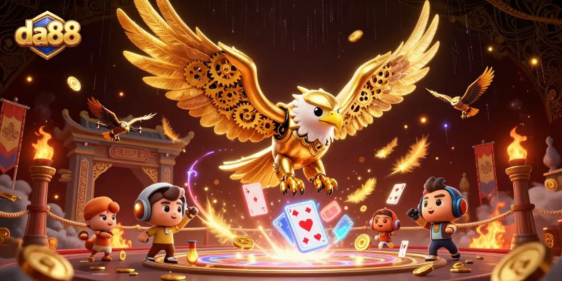 Bet on da88 casino's thrilling adventure featuring a cybernetic eagle amidst holographic cards.