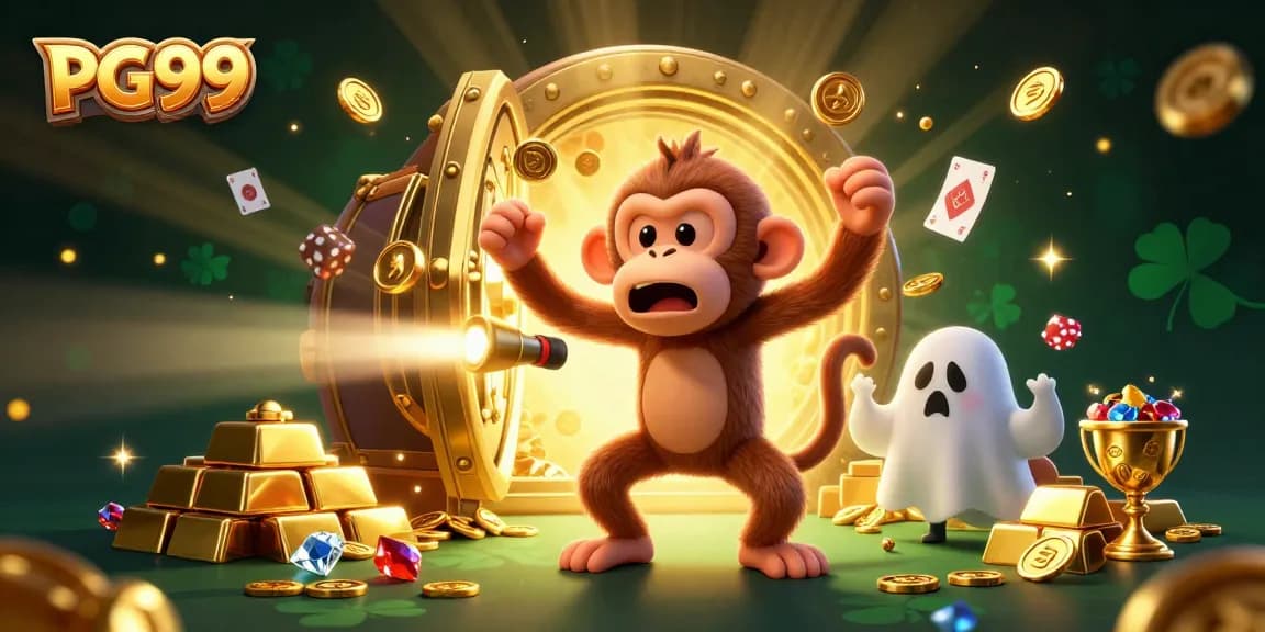 Celebrate wins at PG99 with a mischievous monkey and a ghost-hunter puppy in a vibrant casino.