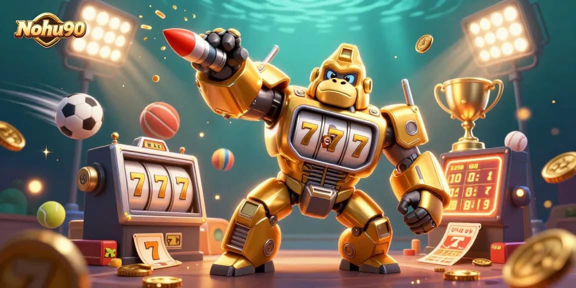 Experience thrilling gameplay at Nohu90 with a dynamic 3D scene of a golden gorilla mech and casino elements.