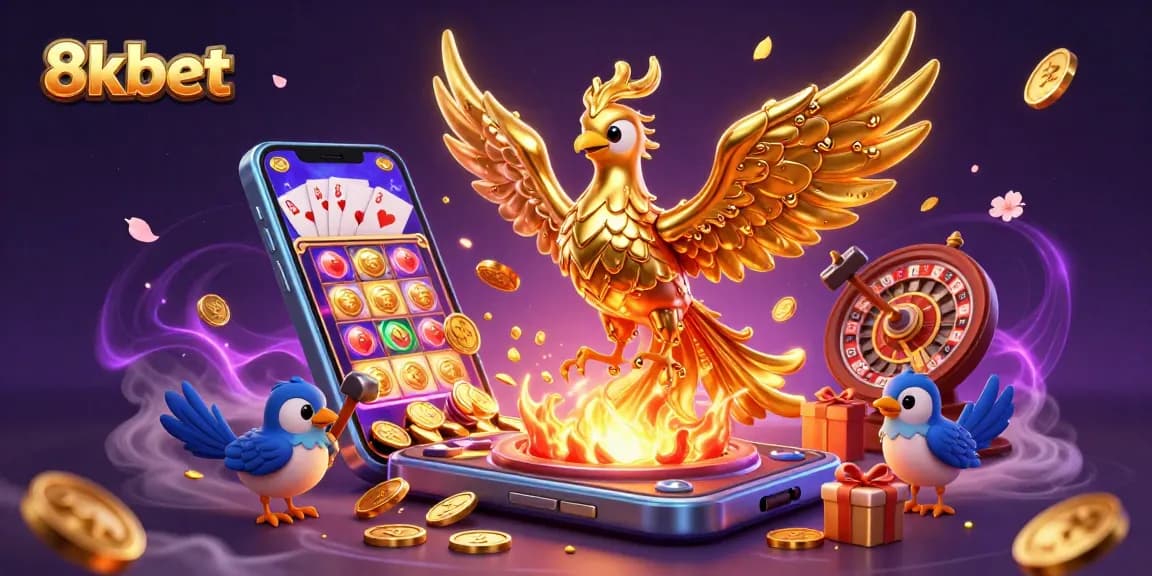 8xbet offers thrilling gameplay with a molten golden phoenix and dynamic slot games in a vibrant casino scene.