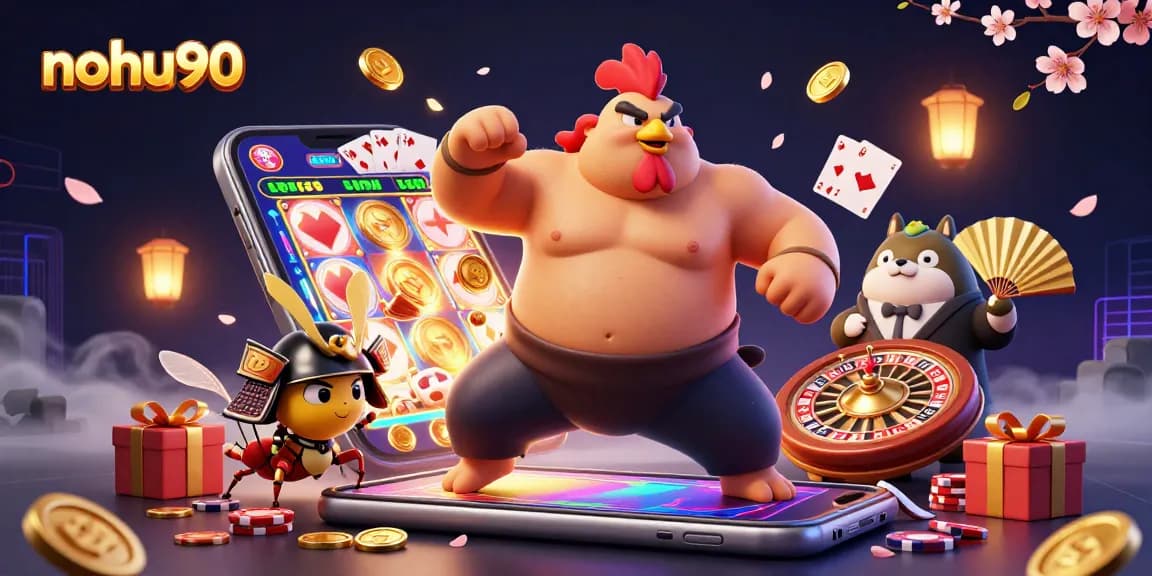Nohu90 presents a dynamic casino scene with powerful characters and vibrant game elements for an exciting gaming experience.