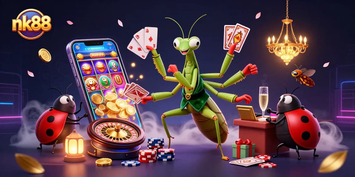 Engage in thrilling card games and slots with nk88 in a vibrant 3D casino illustration.