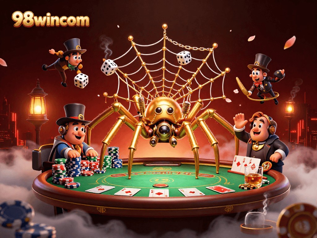 Engage with thrilling gaming action at 98wincom with intricate steampunk-themed elements and poker highlights.