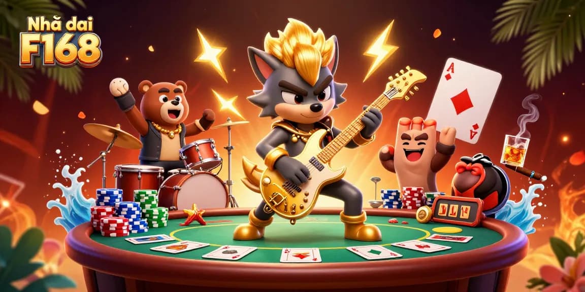 House of F168 offers thrilling experiences as a wolf rocks on stage at a casino.