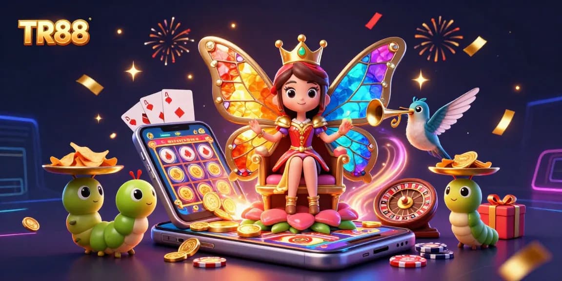 Win big at TR88 with a vibrant illustration showcasing a butterfly queen among colorful casino elements.