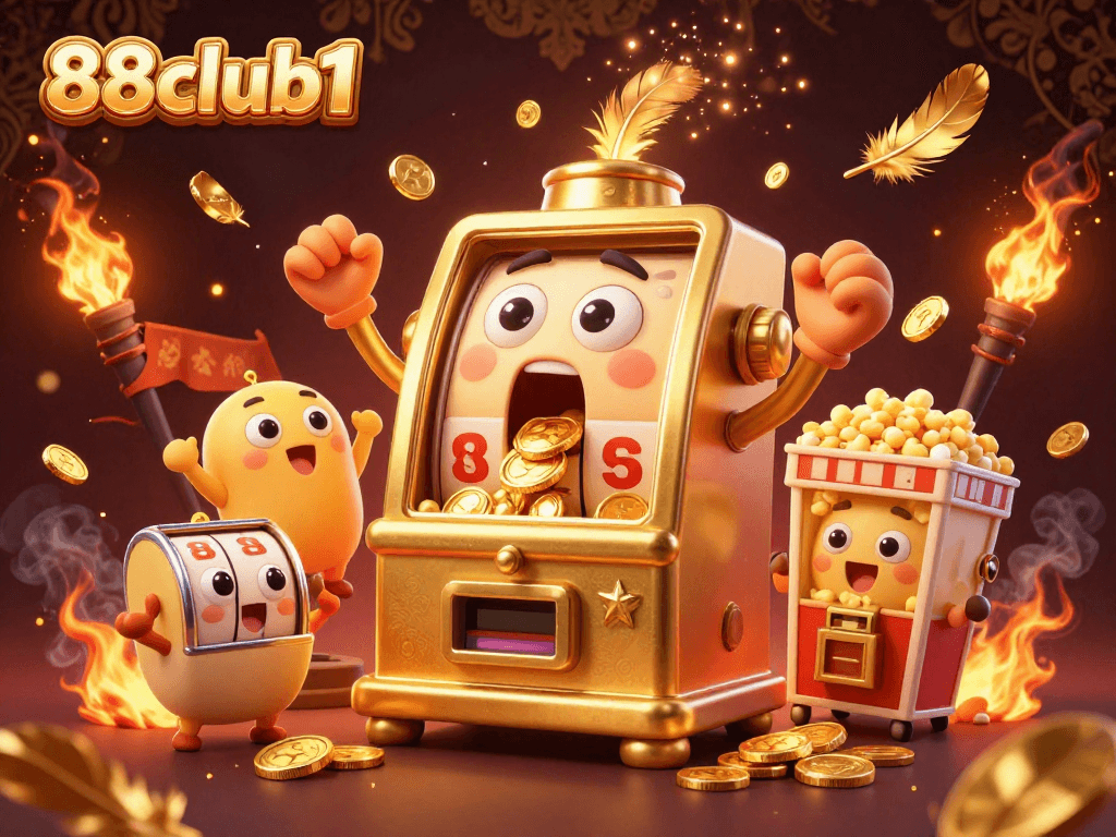 Experience the thrill of winning with 88club1's golden slot machine in this vibrant casino scene.