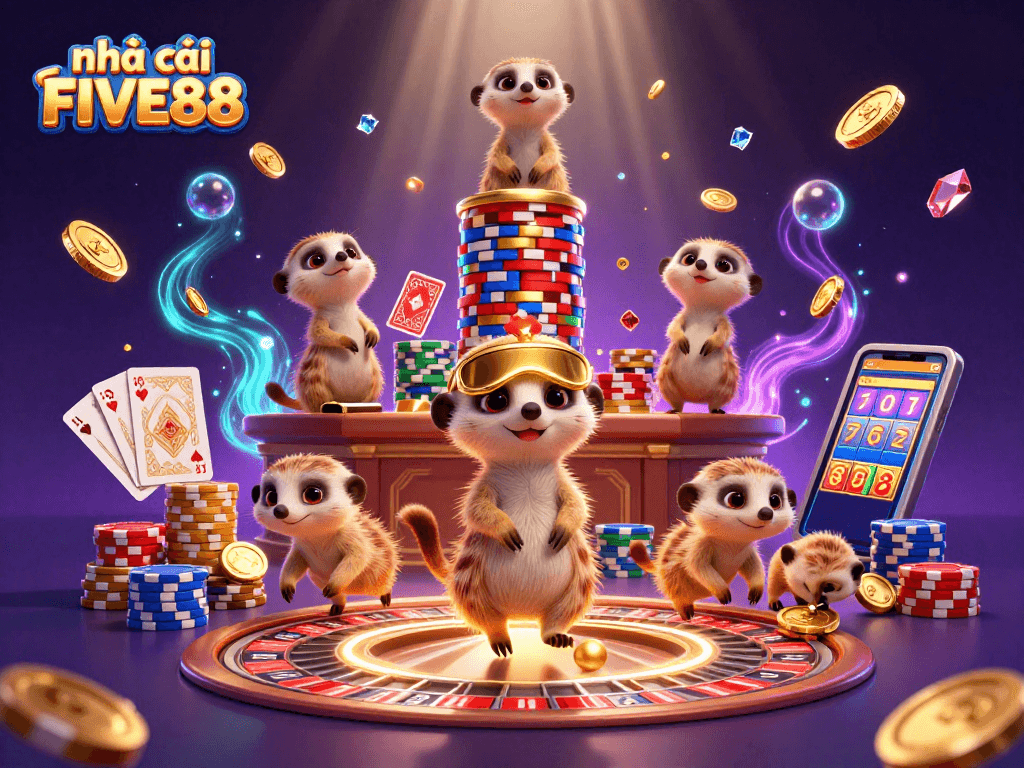 Experience the excitement at nhà cái FIVE88's vibrant casino illustration, featuring meerkats in action.
