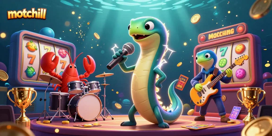 Experience the electrifying performance of motchill's underwater casino scene with a vibrant electric eel DJ and dynamic gaming elements.