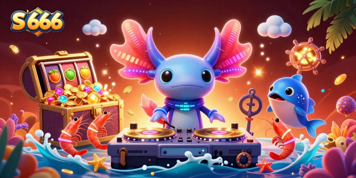 Engage with S 666 in a vibrant underwater casino scene filled with gold coins, glowing fruit symbols, and dynamic characters.