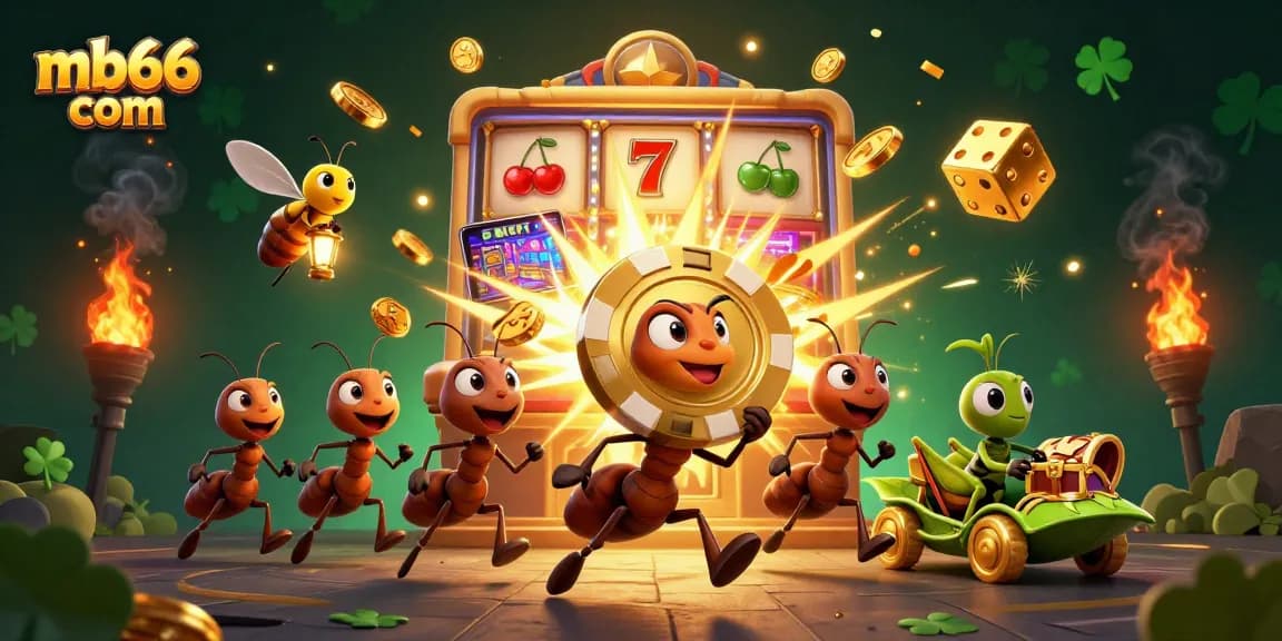 Enjoy thrilling wins at mb66 com with a dynamic casino heist scene of ants and exciting gambling elements.