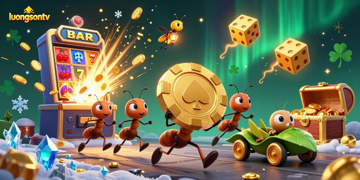 luongsontv featuring ants heist scene with golden poker chip and dynamic casino elements