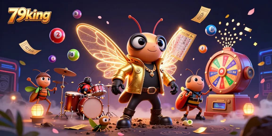 Experience the excitement at 79king with the vibrant cartoon scene of a cicada rock star and colorful lottery elements.