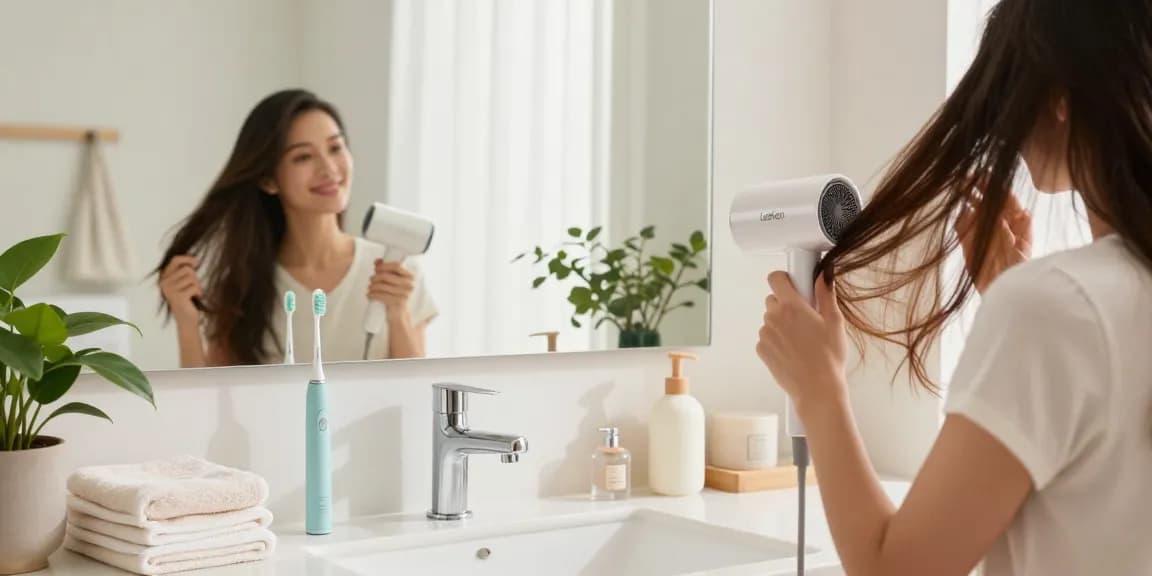 Stylische Frau nutzt den Laifen Föhn in einem modernen Badezimmer für frisches Haar.