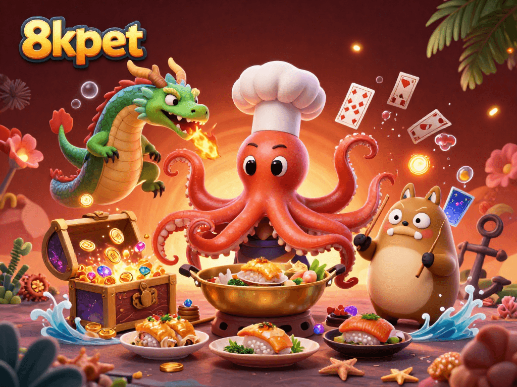 Experience excitement at 8xbet with a vibrant 3D octopus preparing dishes, enhancing online gambling fun.