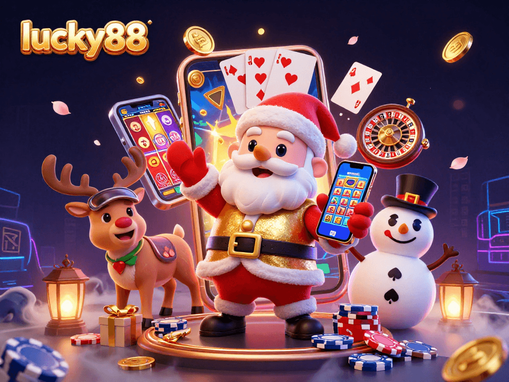 Experience big wins with lucky88 as Santa and friends celebrate in a vibrant casino scene.