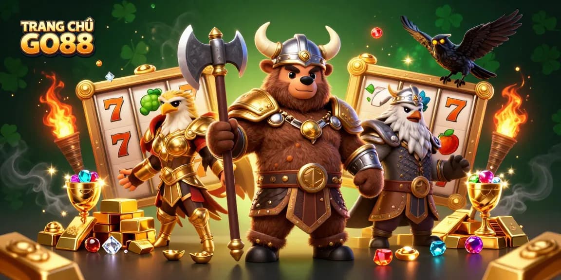 Discover exciting gameplay at TRANG CHỦ GO88 with vibrant slot reels and treasure elements.