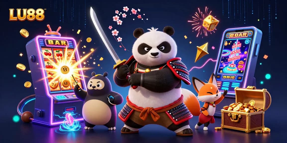 LU88 samurai panda and ninja fox celebrating a jackpot win with vibrant casino elements.