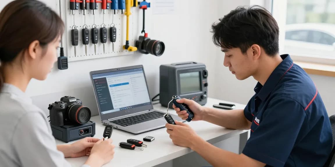 Experte für Autoschlüssel programmiert neuen Schlüssel in einer gut ausgestatteten Werkstatt.