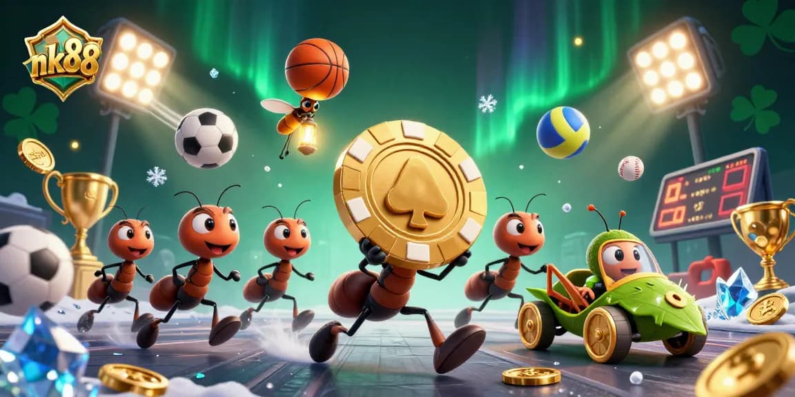 Ants on a heist featuring a golden poker chip and sports elements in a dynamic scene with nk88 branding.