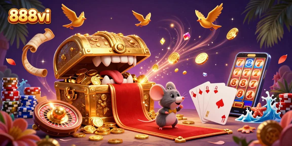 Spin your luck at 888vi's vibrant casino with golden treasures and dynamic game elements.